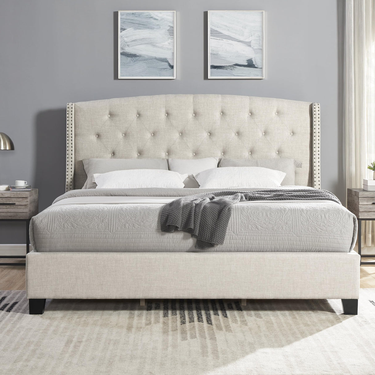 Wood Full Size Bed Frame, Mid Century Modern Platform Bed with Headboard