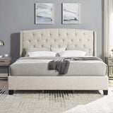 Wood Full Size Bed Frame, Mid Century Modern Platform Bed with Headboard