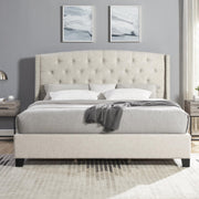 Wood Full Size Bed Frame, Mid Century Modern Platform Bed with Headboard