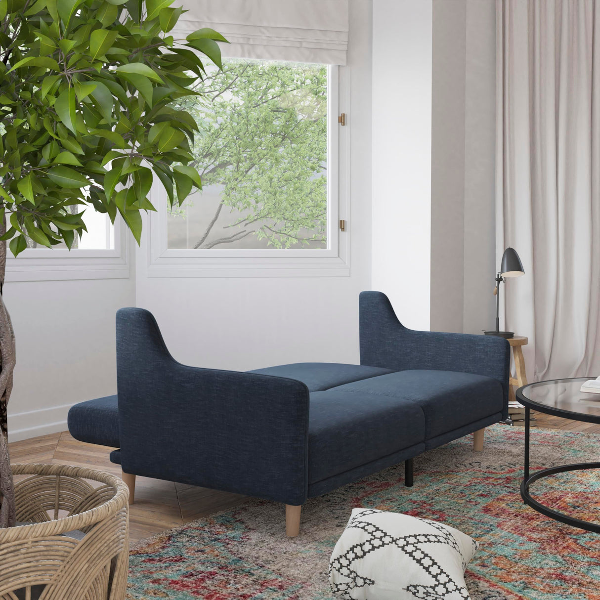 Delphine Convertible Split Back Sofa Futon - Navy Faux Linen Upholstery