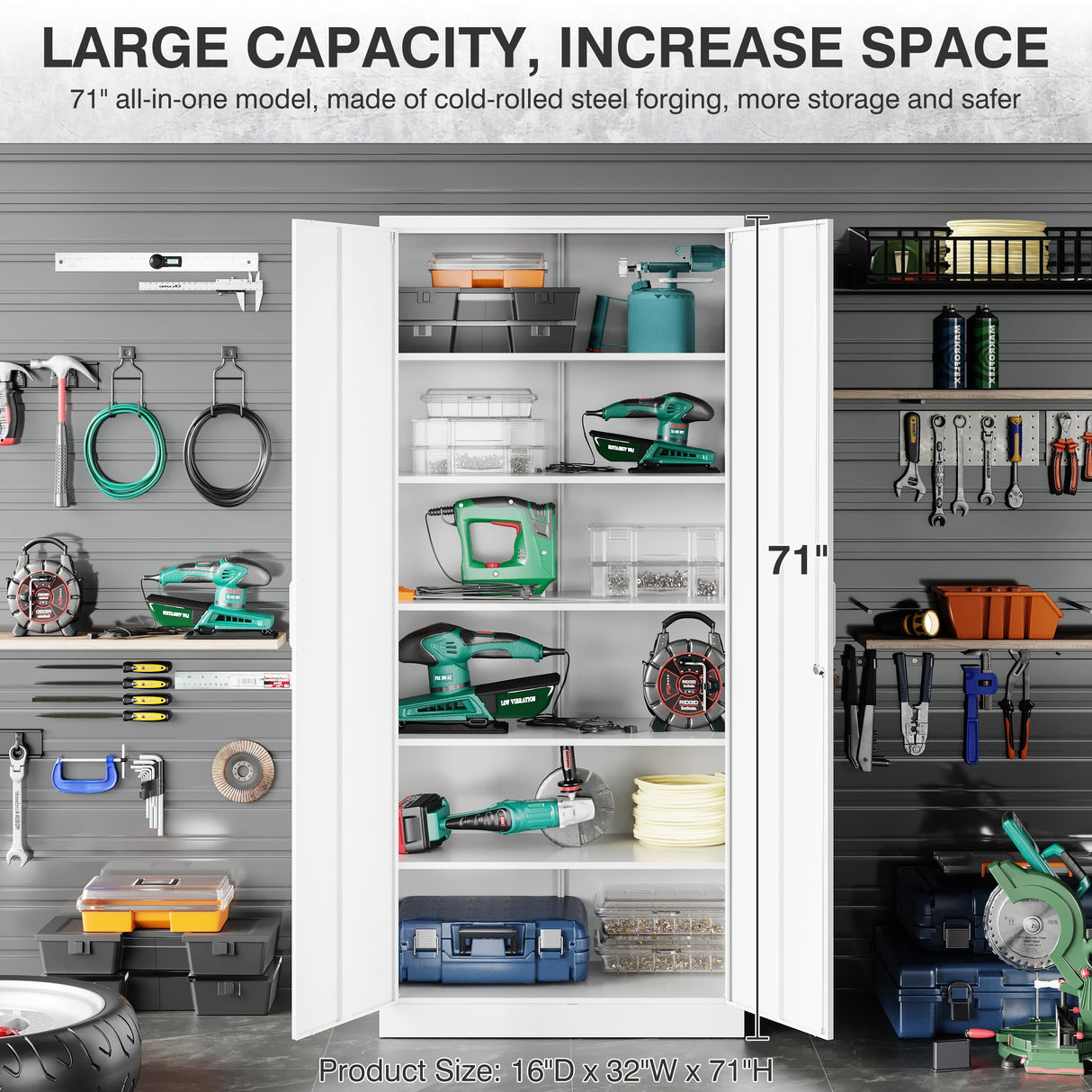 SISESOL White Metal Storage Storage Cabinet with 5 Adjustable Shelves,Metal Cabinet with Locking Doors,Steel Pantry Cabinet with Lock,71" Lockable Storage Cabinet for Home,Office,Garage,Kitchen,Shop