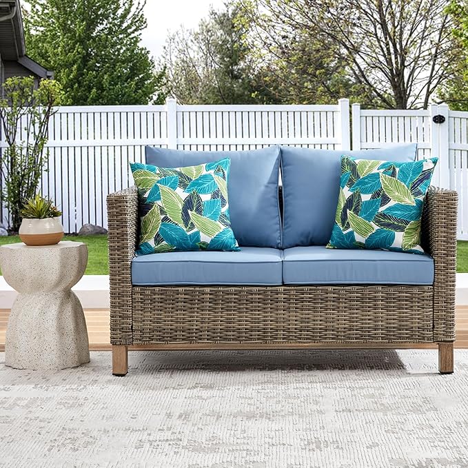 Outdoor PE Wicker Loveseat Sofa, All Weather 2 Seater Small Patio Sofa
