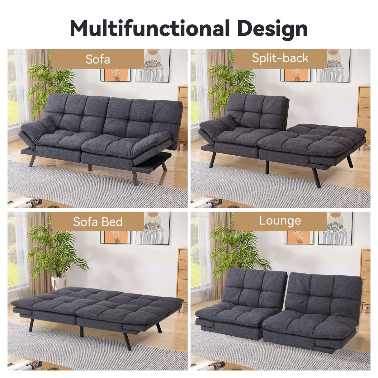 Memory Foam Futon Sofa Bed Couch,Linen Fabric Convertible Futon Sofa Couch