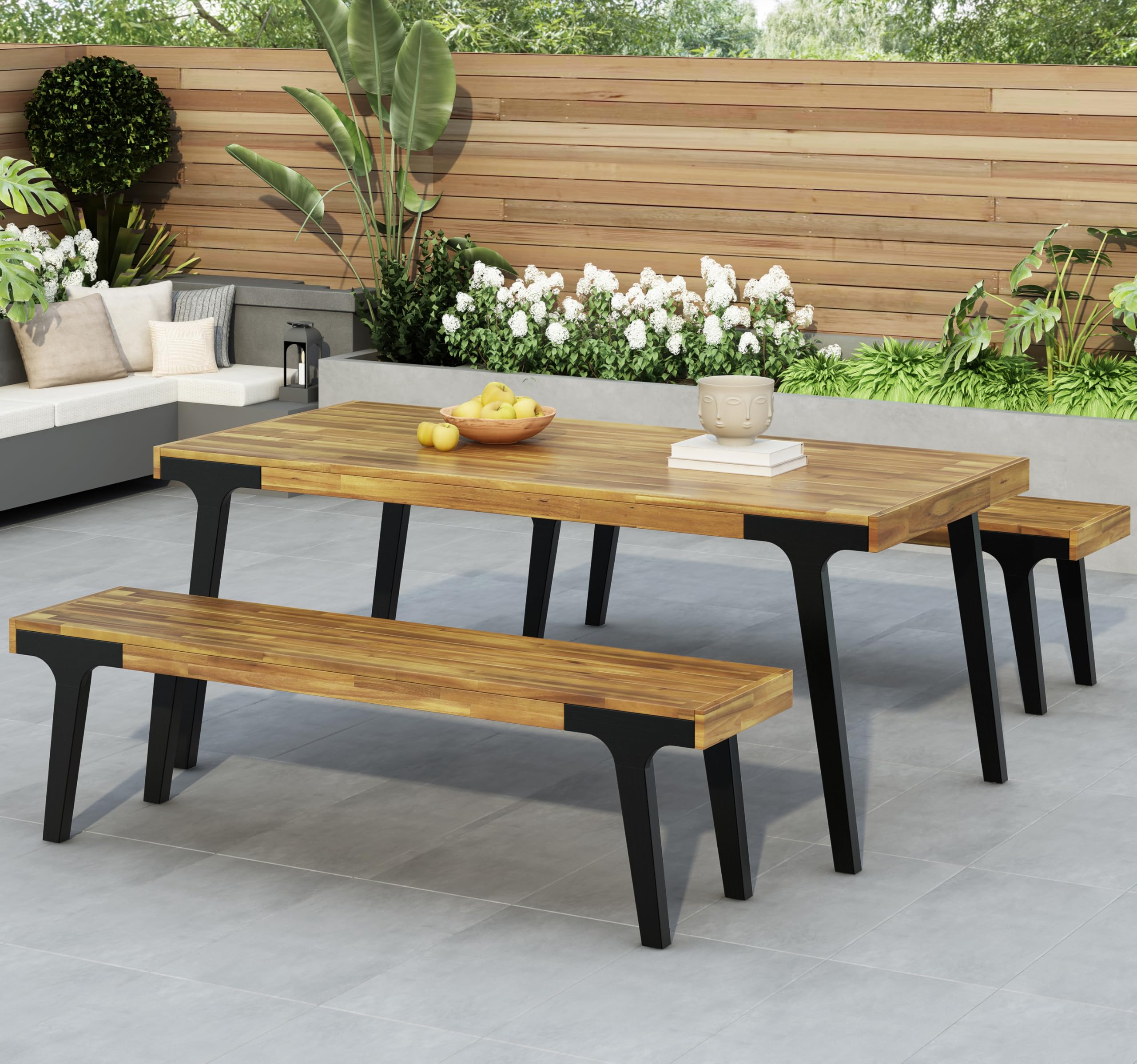 Knight Home 3 Piece Patio Dining Table,Acacia Wood Table Bench Dining Set