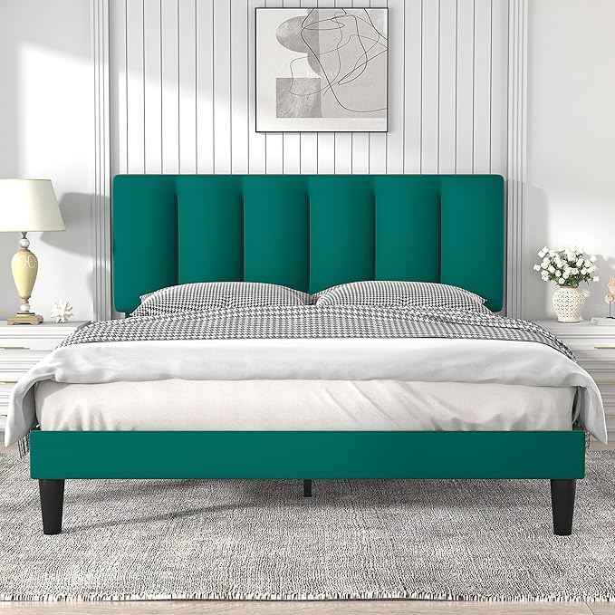 Queen Bed Frame with Upholstered Headboard, Heavy-duty Platform Bedframe