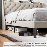 Queen Bed Frame with Charging Station and Wingback Headboard, Button Tufted