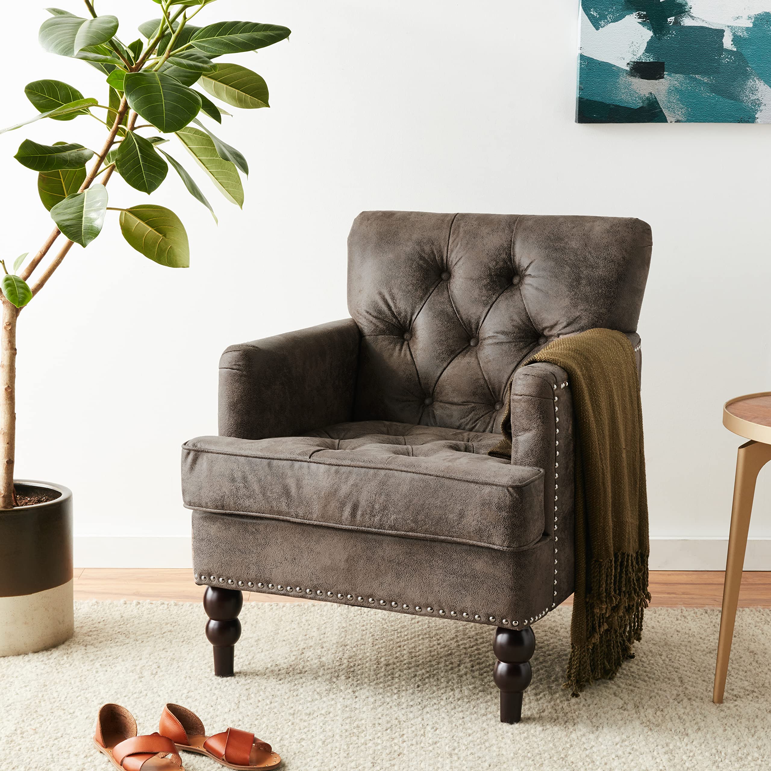 Knight Home GDFStudio Medford Brown Tufted Club Chair, Fabric Accent Chair