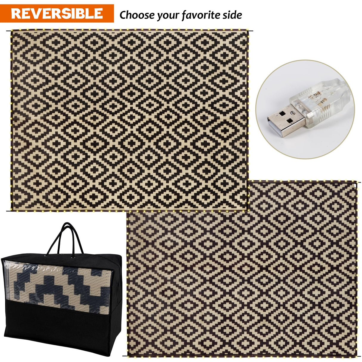 Reversible Mats with Led Strip Lights, Plastic Straw Rug, Modern Area Rug