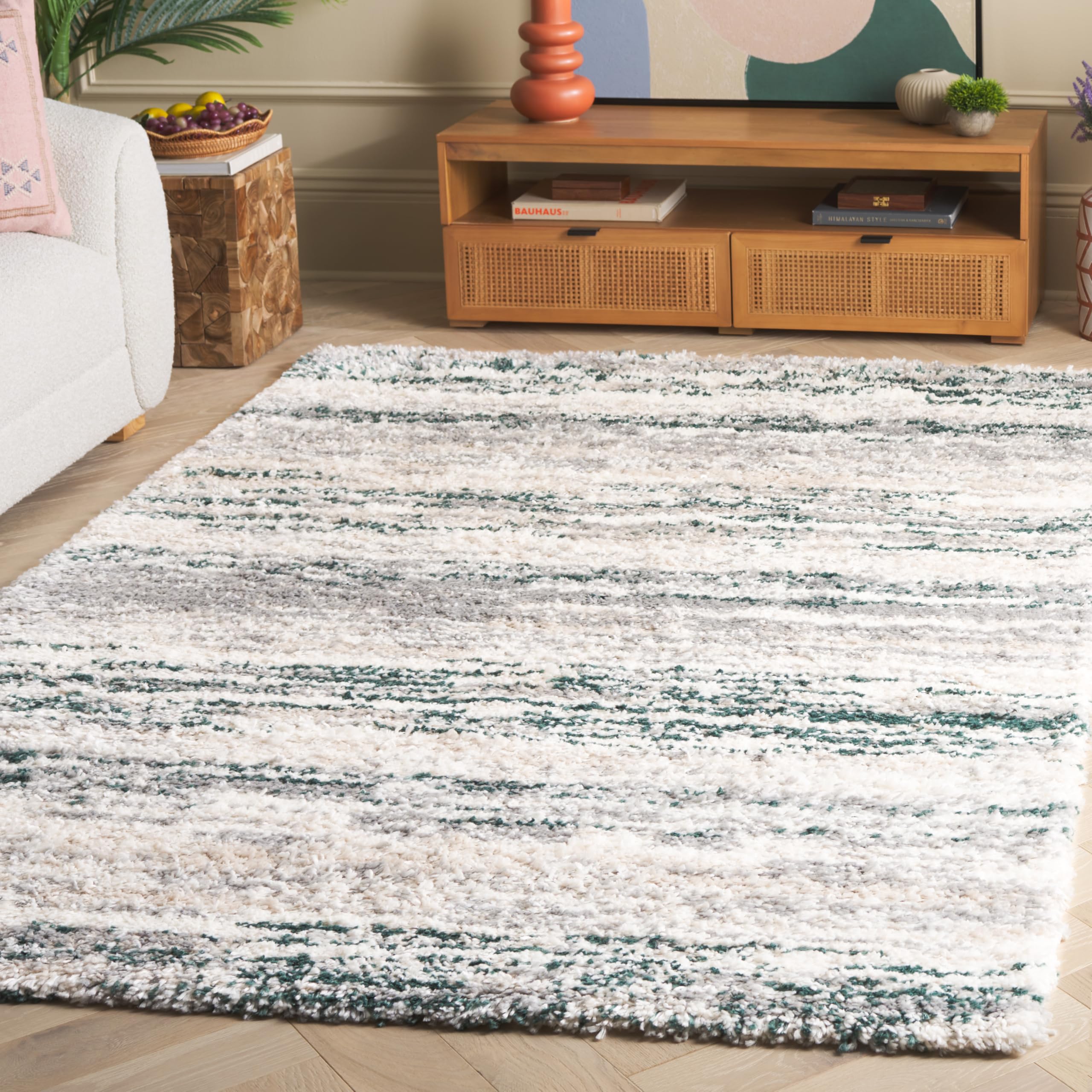 SAFAVIEH Fontana Shag Collection Area Rug - 10' x 14', Ivory & Green, Modern Design, Non-Shedding & Easy Care, 2-inch Thick, Ideal for The Living Room, Dining, Bedroom (FNT842C)