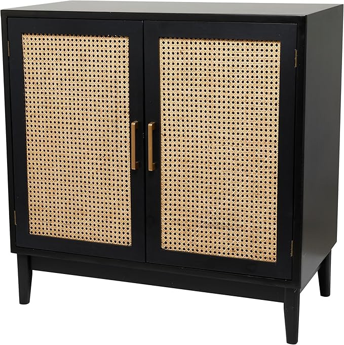 Wood Room Cabinet 1 Shelf and 2 Door Storage Cabinet with Cane Front Doors and Gold Handles,