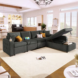 Modern Couch with Storage Chaise,Cup Holder and USB Ports, Reversible Sleeper Sofa