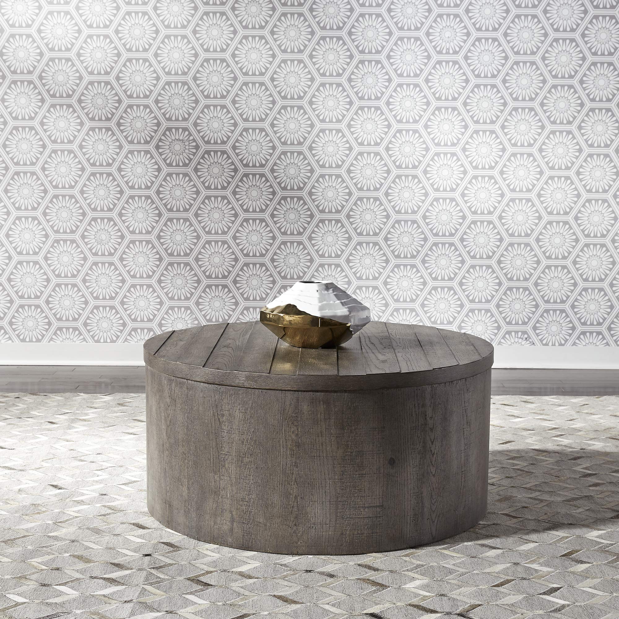 Modern Farmhouse Drum Cocktail Table, W38 x D38 x H18, Dark Gray