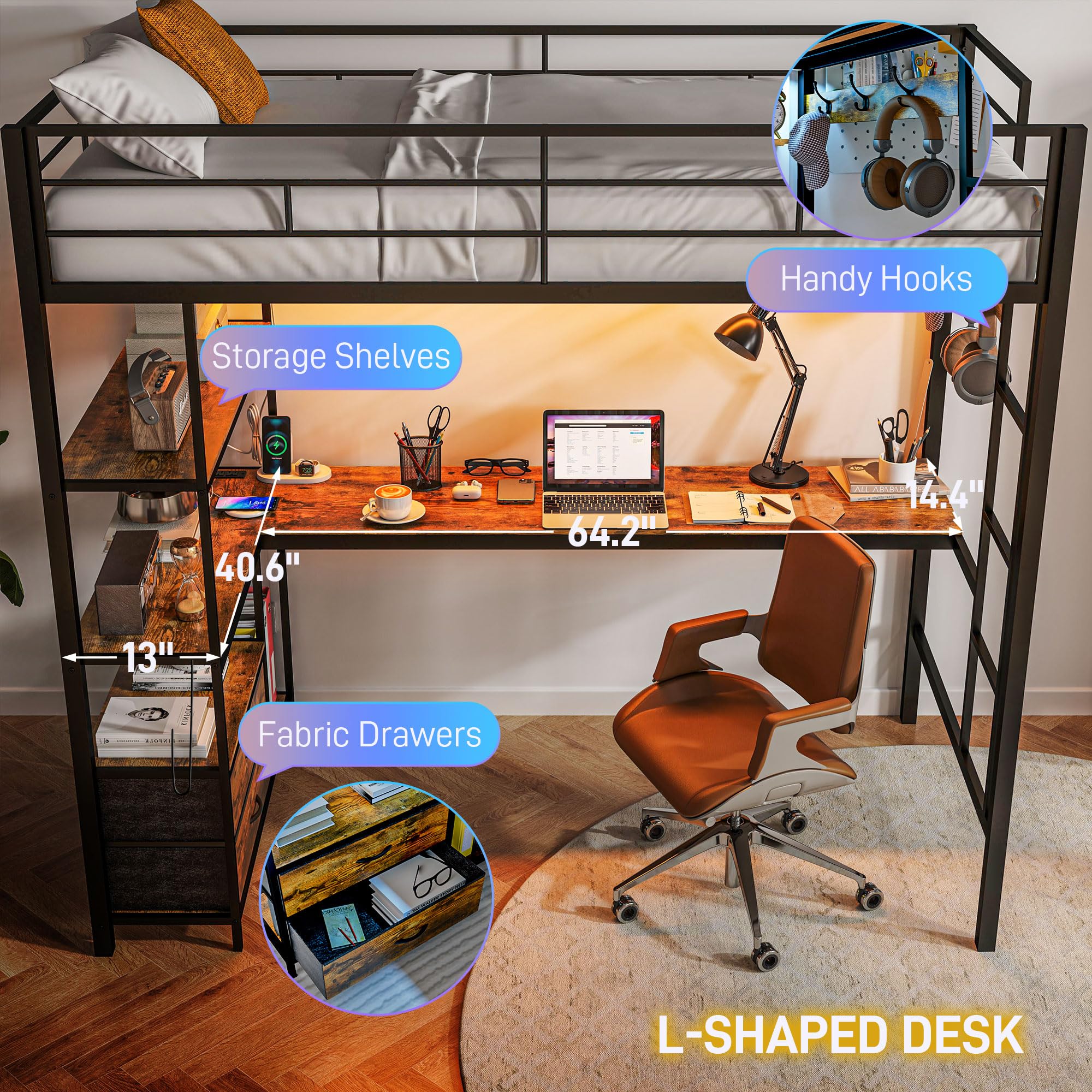Twin Size with L-Shaped Desk, LED Lights, Charging Station, for Teens Adults, Twin Loft