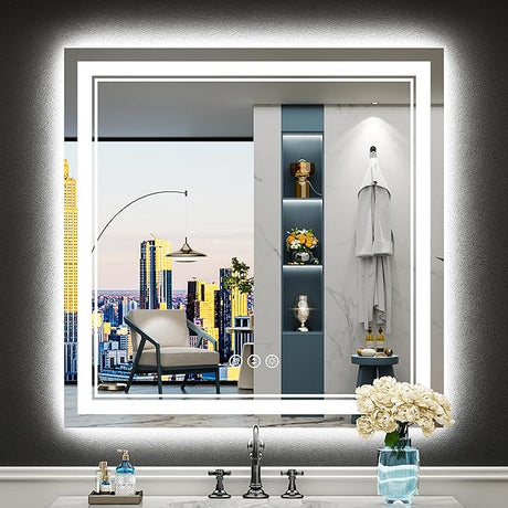 LED Bathroom Mirror with Lights 36x36, Black Framed Front and Backlit LED Mirror