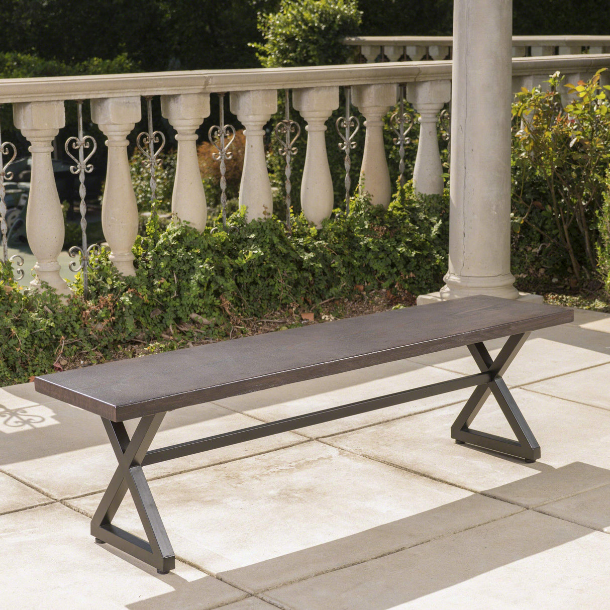 Rolando Outdoor Aluminum Dining Bench with Steel Frame, Brown / Black