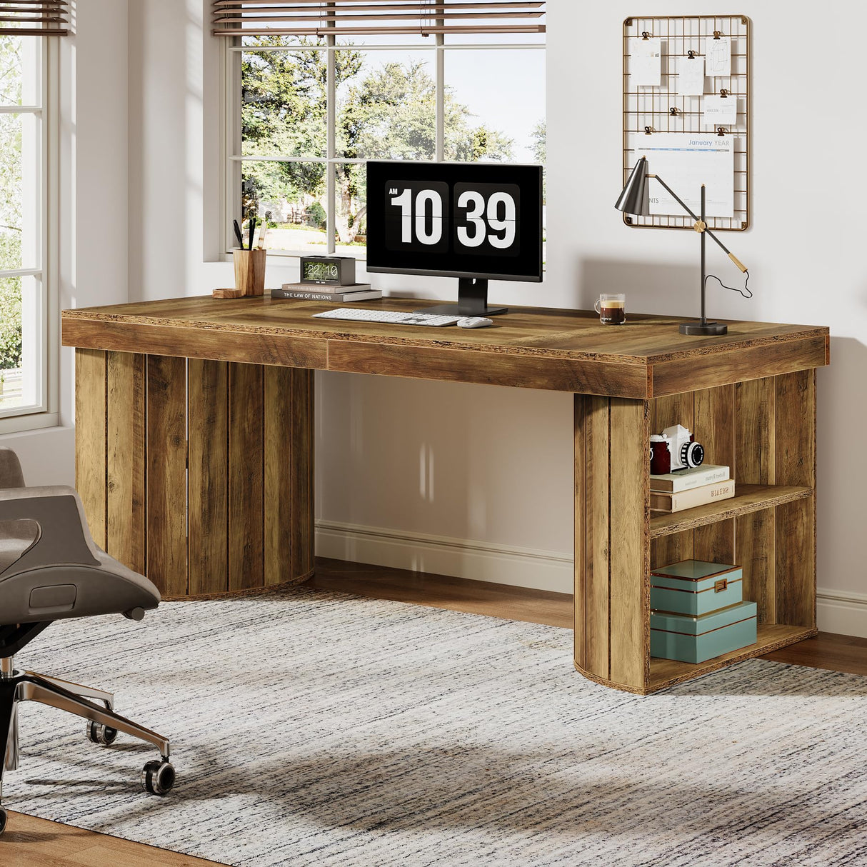 63-Inch Computer Desk with Storage Shelf, Rustic Executive Desk