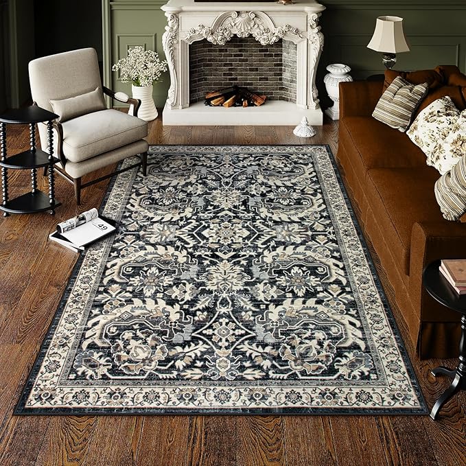 Black Living Room Rugs 8x10, Vintage Washable Grey Rug for Bedroom Dining Room,