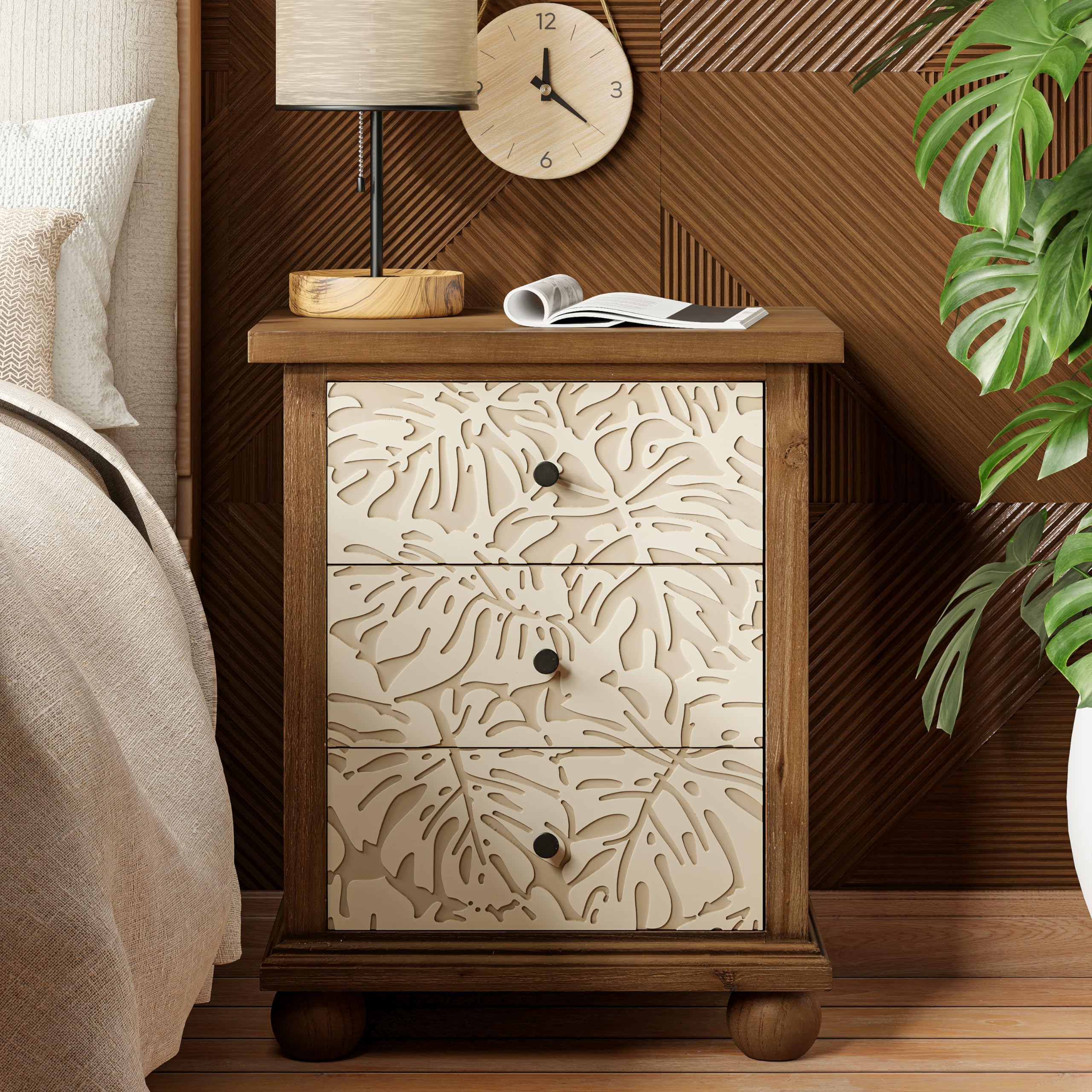 Rustic Farmhouse 3-Drawer Nightstand with Leaves Pattern Carved, Vintage French Country End Table