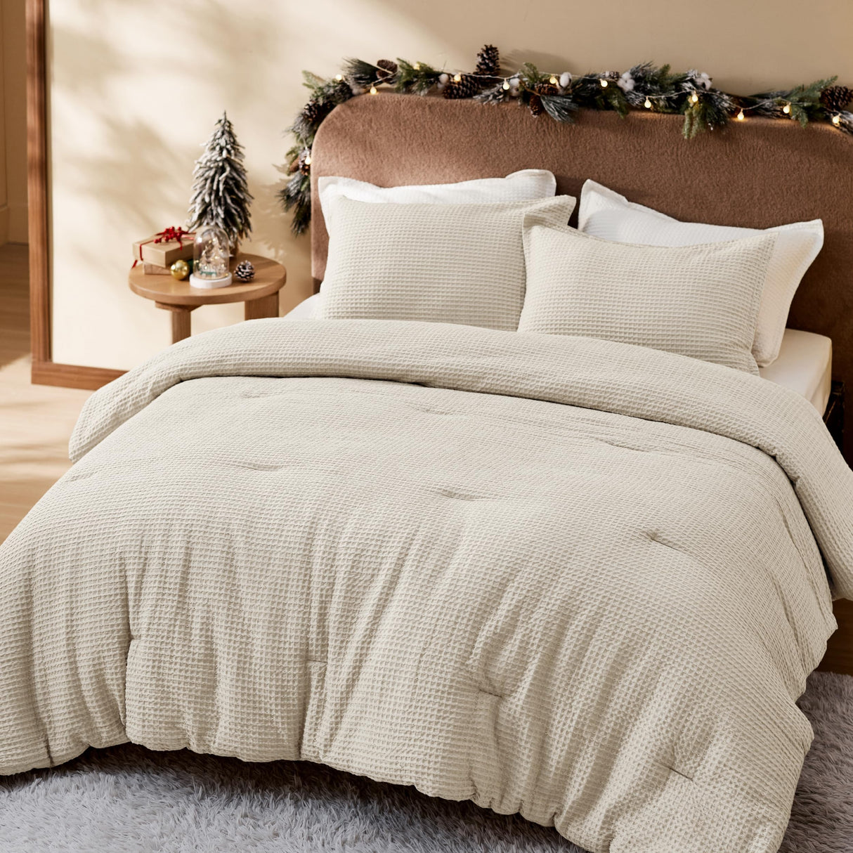 Waffle Comforter Set King, Beige Soft Cotton Bedding, Waffle Weave Bed Set