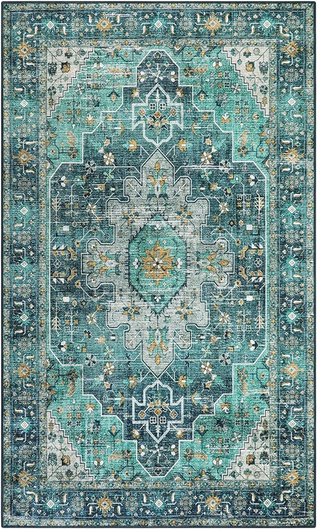 Ultra-Thin Washable Vintage Area Rug - 3x5 Boho Entry Throw Rug Non-Slip Oriental