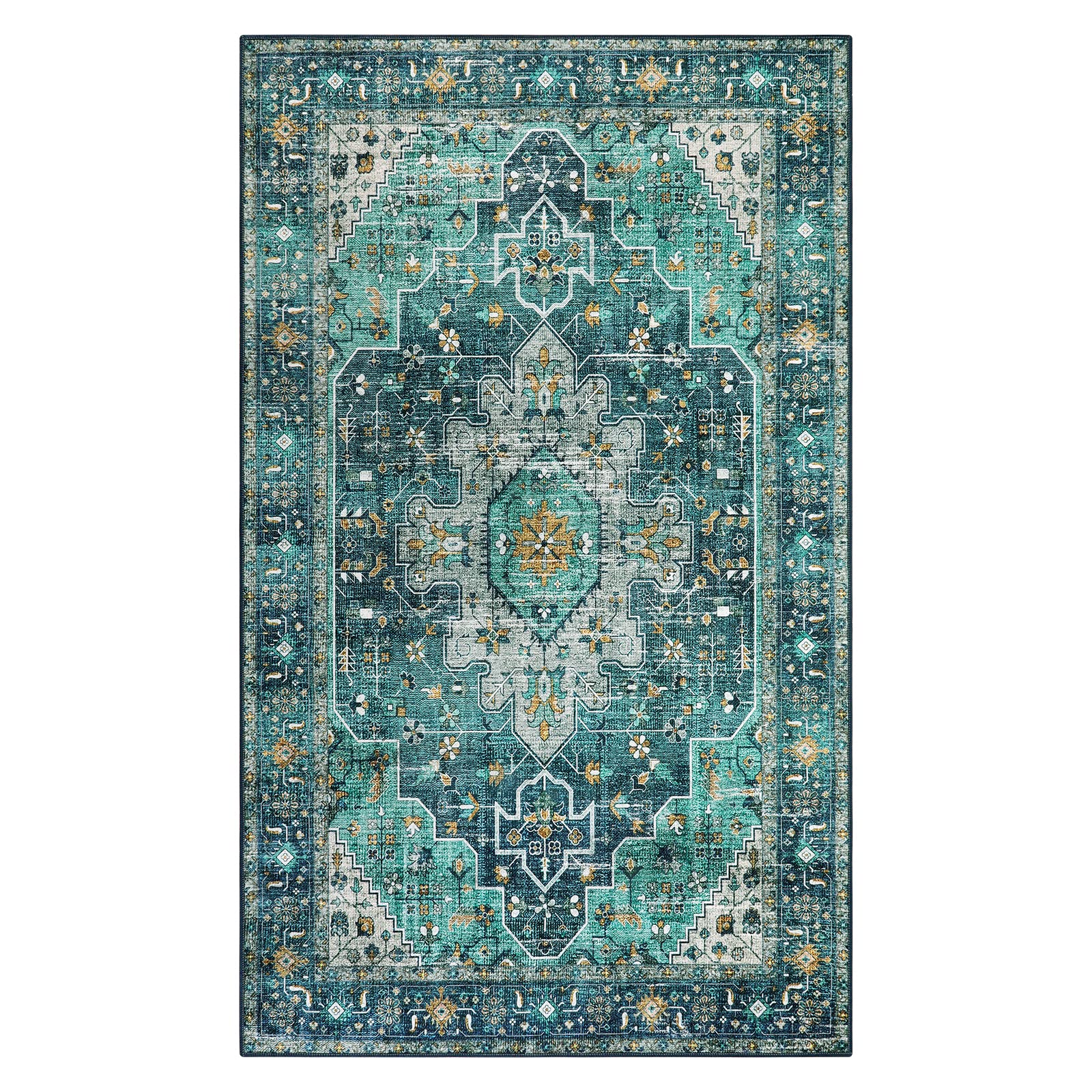 Ultra-Thin Washable Vintage Area Rug - 3x5 Boho Entry Throw Rug Non-Slip Oriental