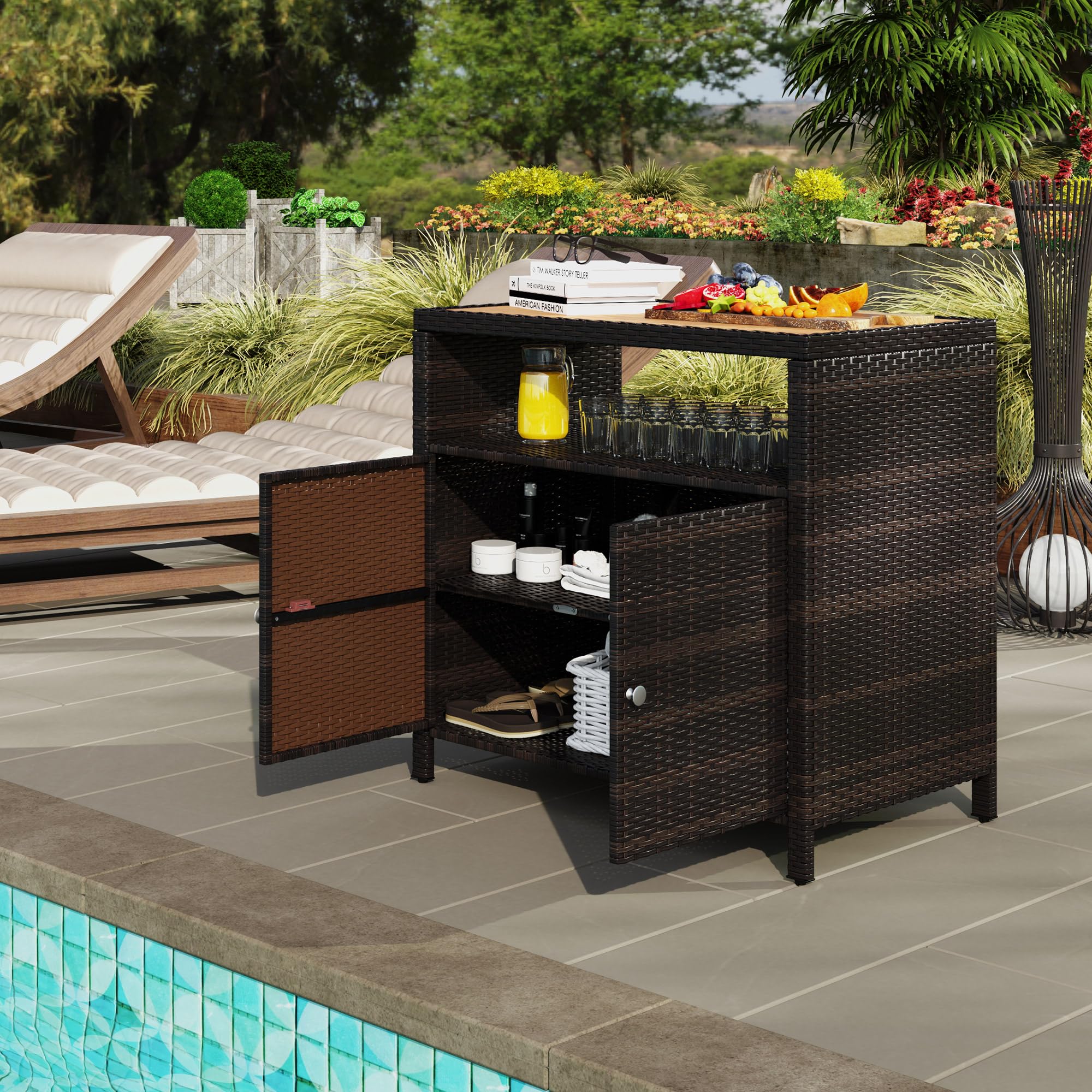 Wicker Outdoor Storage Cabinet, Rattan Outdoor Bar Table with Acacia Wood Countertop