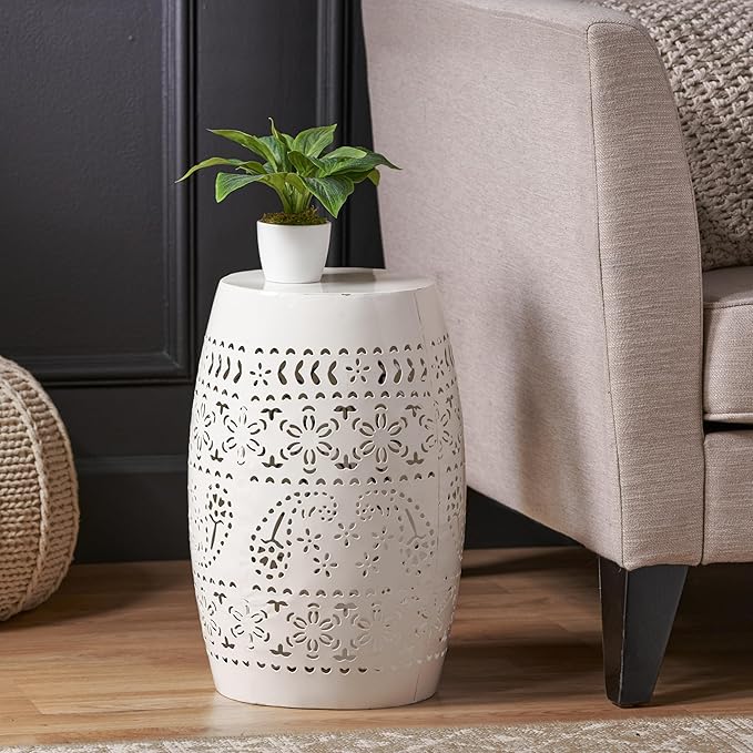 Black Round Drum Accent Table, Iron Metal Patio Side Table, 12.25" x 12.25" x 18"