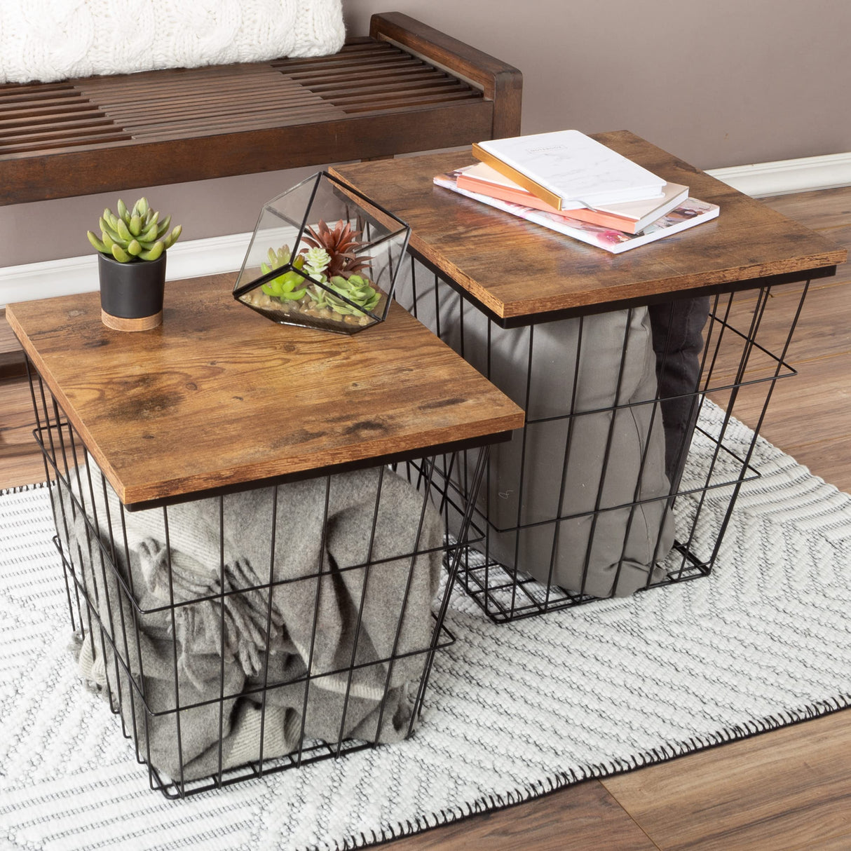 End Tables Set of 2 - Nesting Tables with Removable Wood Tops and Metal Basket Bases