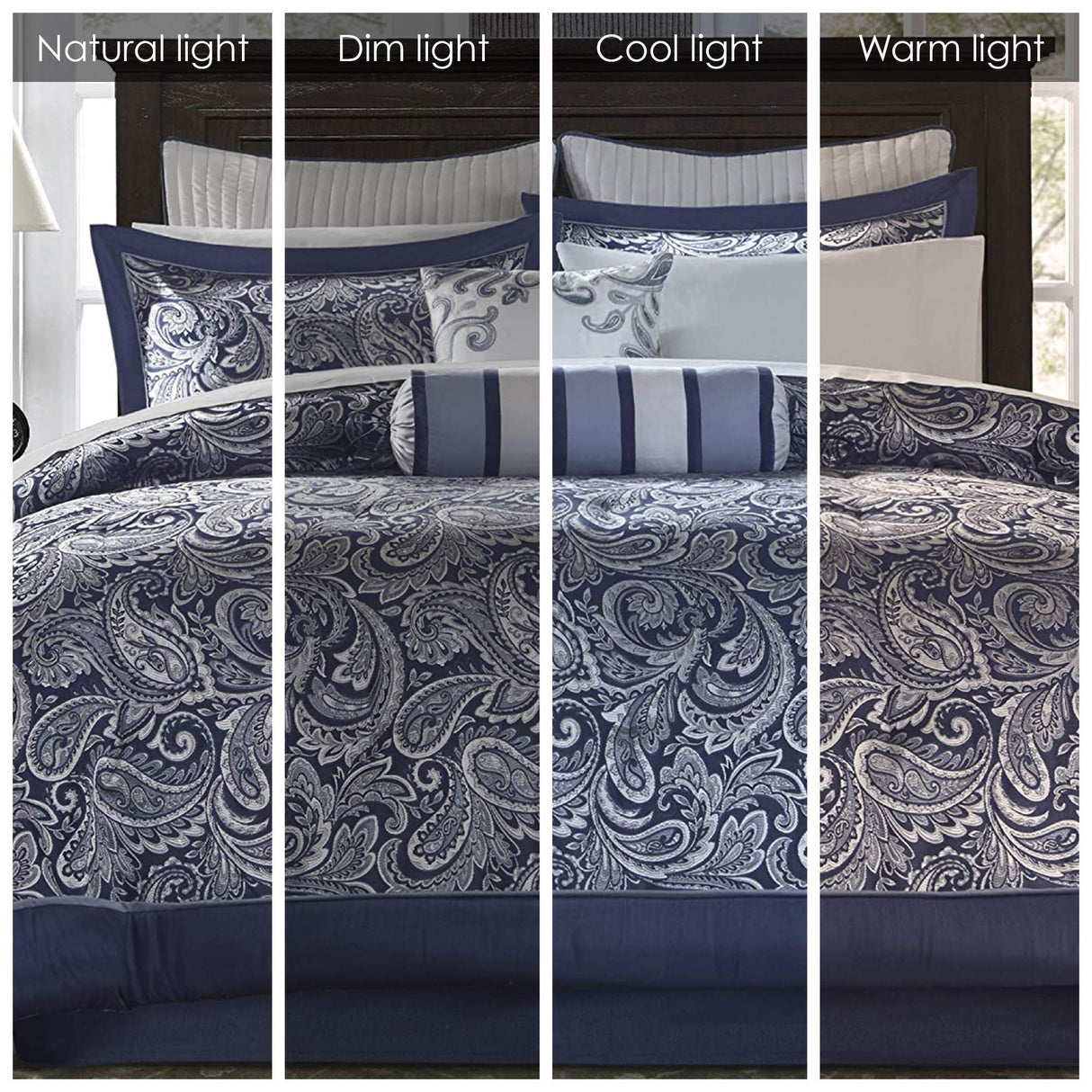 Madison Park Aubrey Cozy Comforter Set, Faux Silk Jacquard Paisley Design - All Season Down Alternative Bedding with Cotton Bed Sheets, Bed Skirt & Toss Pillows, Queen Navy 12 Piece