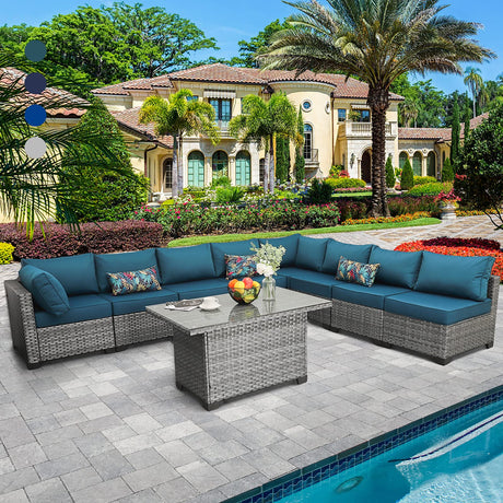 Patio Furniture Sectional Sofa Set 9 Pieces Outdoor Wicker Furniture Couch Storage Glass