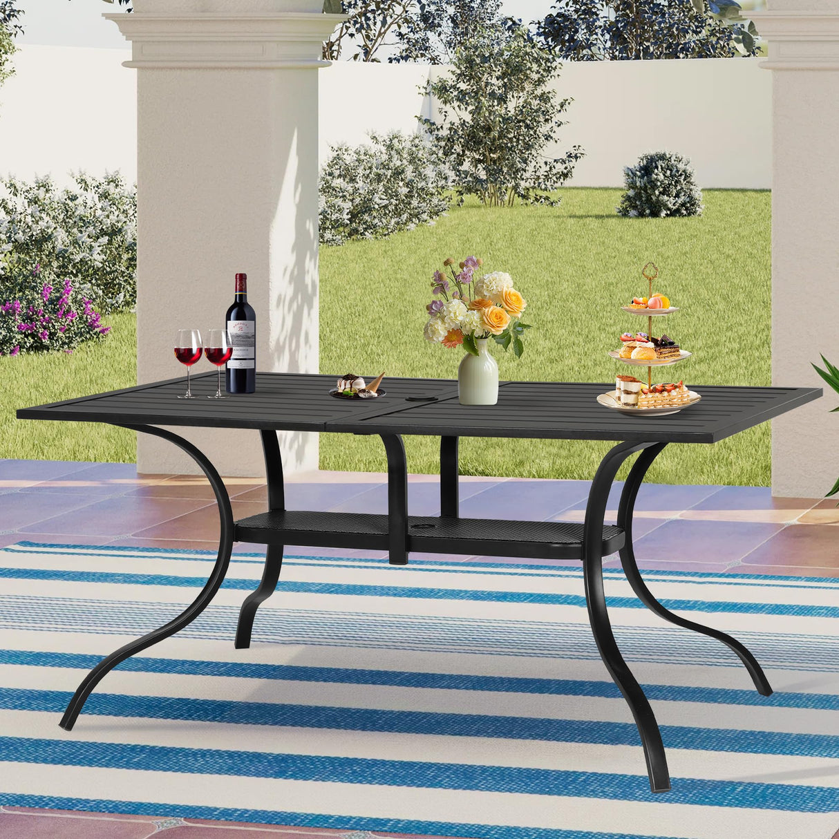Patio Dining Table, 60" x 37" Rectangle Metal Steel Slat Table