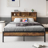 Twin Bed Frame with Bookcase Headboard/USB Charging Station,Metal Platform Bed,