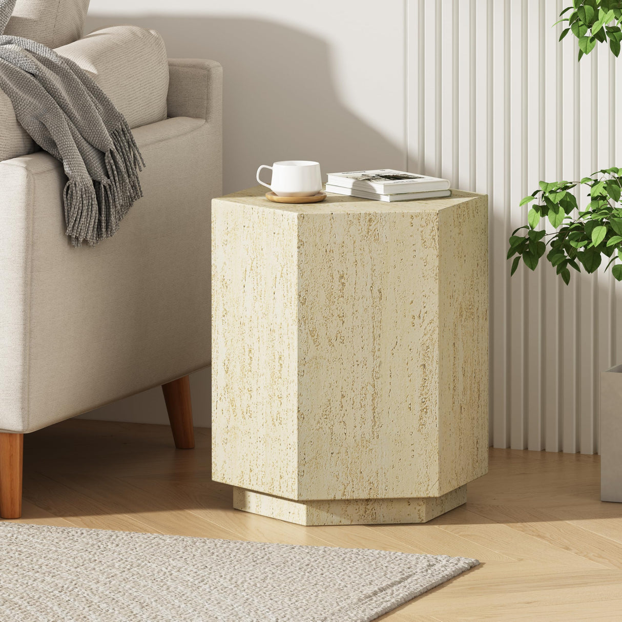 Outdoor Side Table,Hexagonal Archaistic End Table,Decorative Accent Table