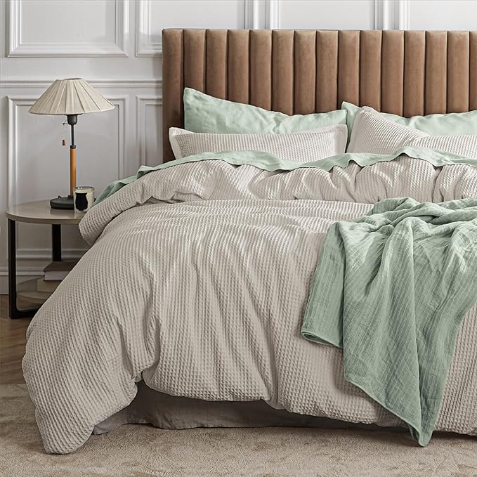Waffle Comforter Set King, Beige Soft Cotton Bedding, Waffle Weave Bed Set