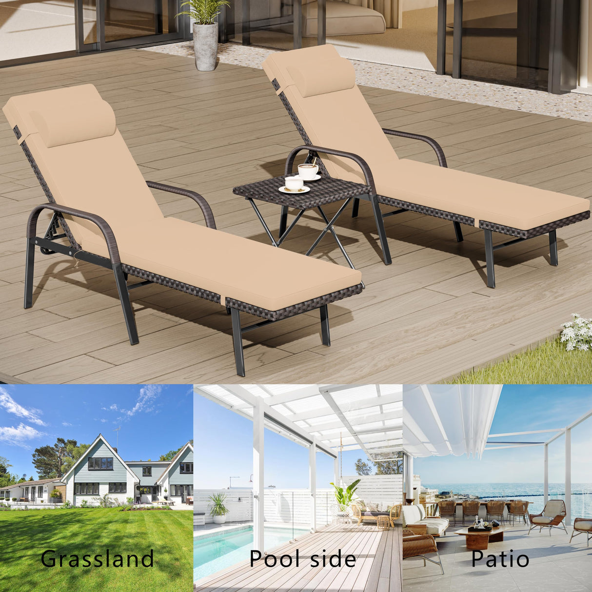 Patio Chaise Lounge Set 3 Pieces Outdoor Lounge Chair with Rattan Adjustable Backrest