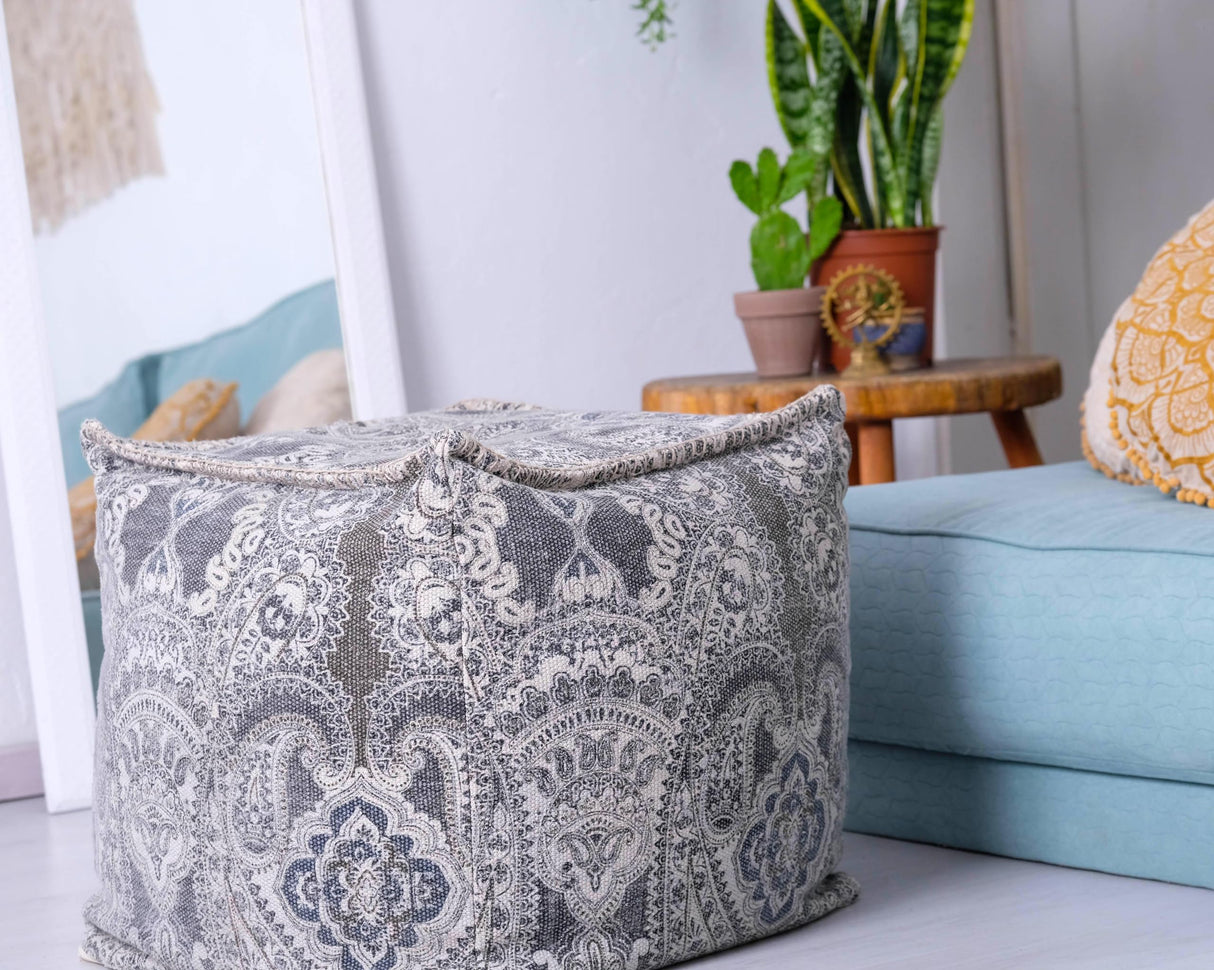 ART Parsley Gray Cube Bean Bag Cover- 20x20x20 inches –Luxury Pouf Ottoman, Room