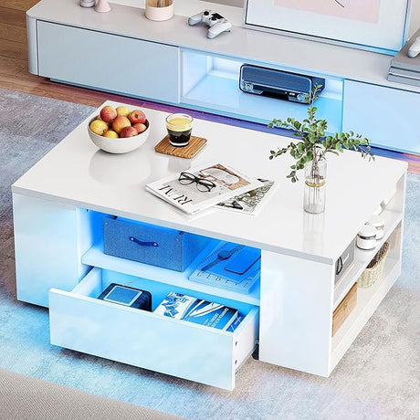 Modern Coffee Tables for Living Room, High Gloss LED Coffee Table, Storage Coffee Table