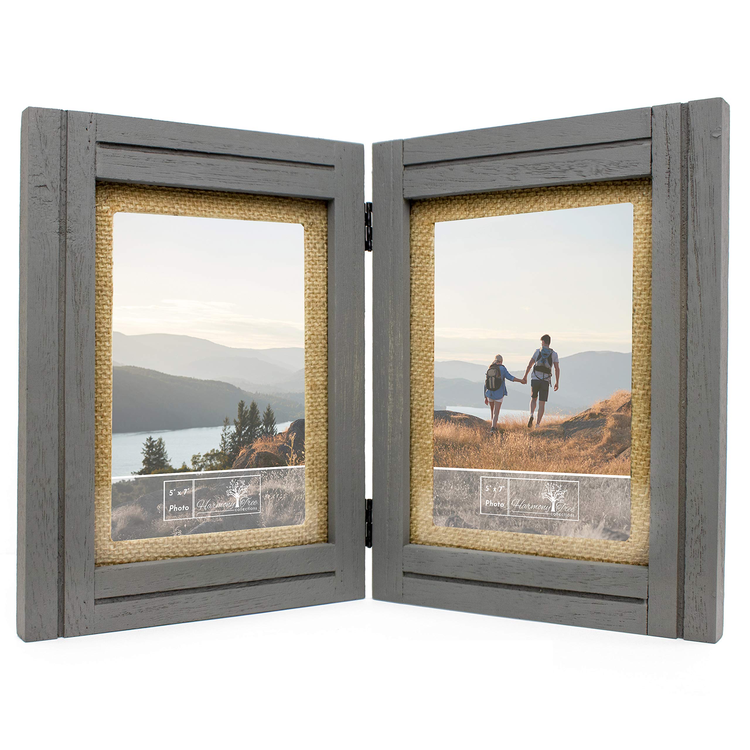 5x7 Rustic Picture Frames - Burlap Mat - Distressed Wood Farmhouse Decor - Hinged Double Frame - Vertical Photos - Brackets for Hanging on Wall or Stand on Table Top or Desk - Gray / Grey