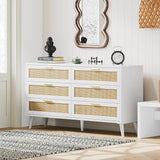 6 Drawer Double Dresser for Bedroom, Rattan Chest of Dressers, Modern Wooden Dresser Chest with Golden