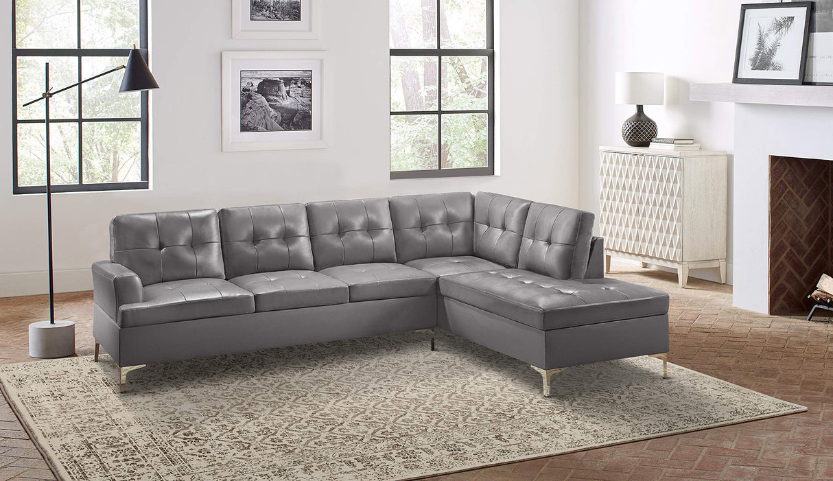 Dani 2-Piece Faux Leather Tufted Sectional Sofa with Right Chaise, 110" x 78", Grey