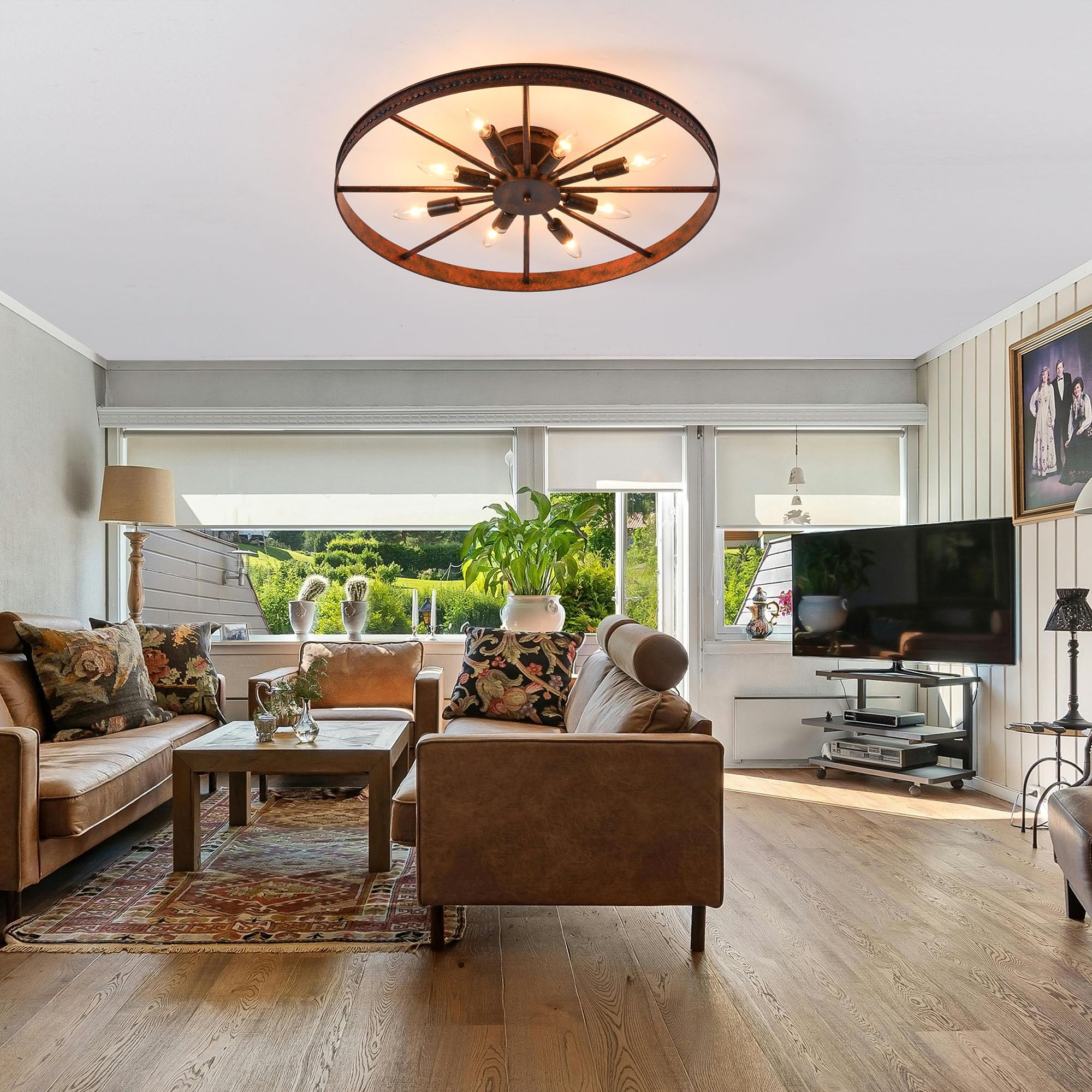 Farmhouse Ceiling Light - 26.8" Red Rust Metal Flush Mount Fixture (8-Light)