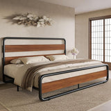 Full Size Metal Bed Frame with Wooden Headboard and Footboard, Heavy Duty Oval