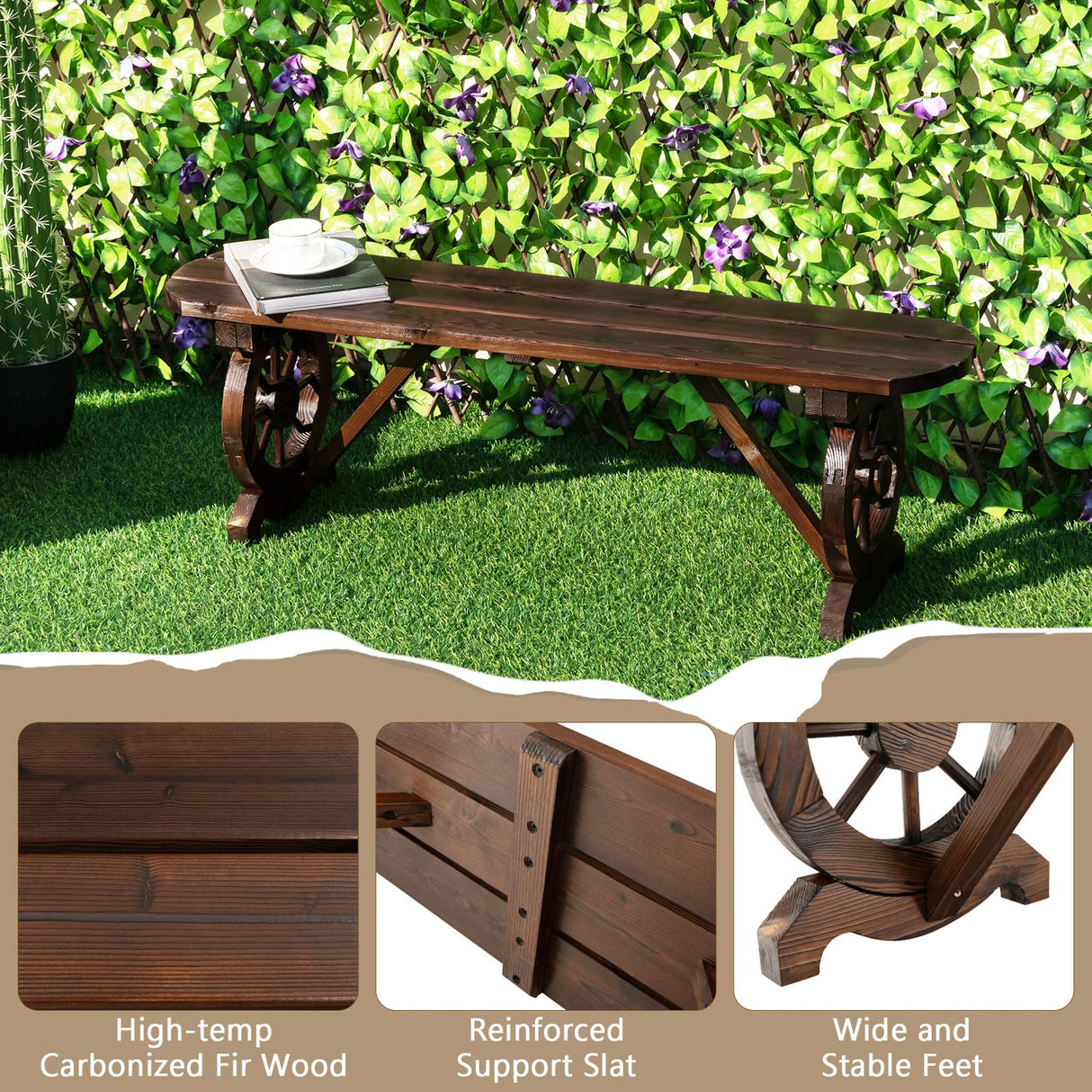 Person Wooden Outdoor Bench with Wagon Wheel Legs, Slatted Seat