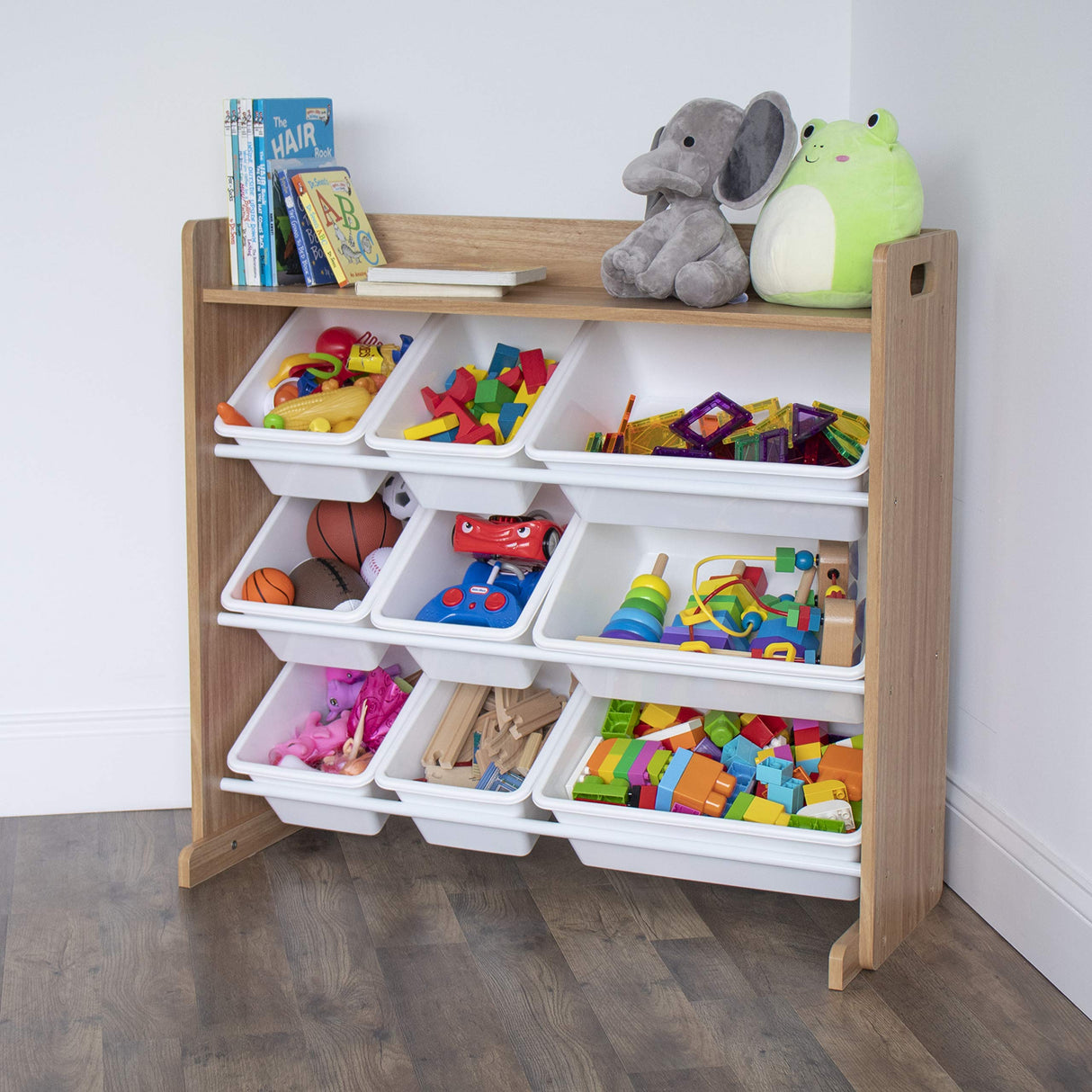 Natural Wood/White Toy Organizer with Shelf and 9 Storage Bins