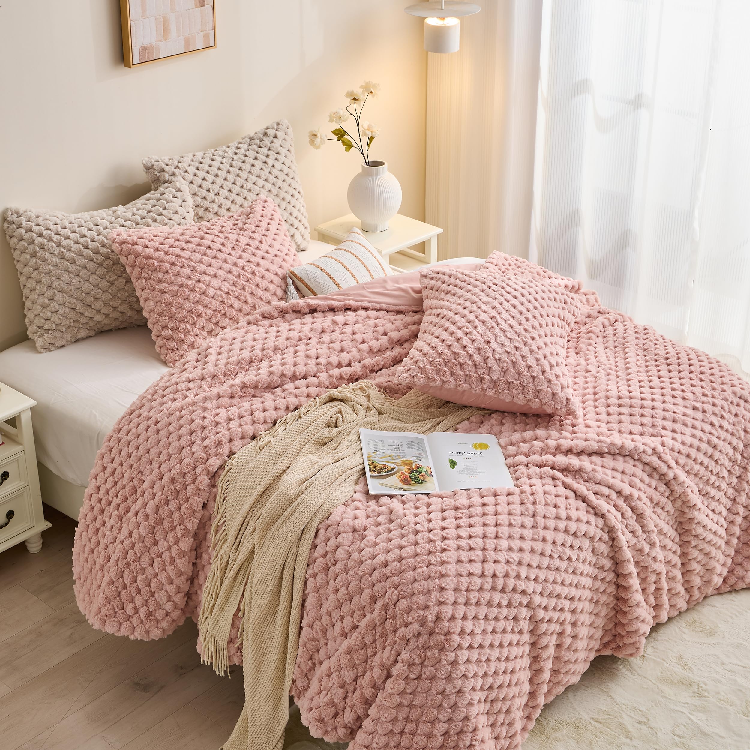 Fluffy Faux Fur Comforter Set, Plush Fuzzy Minky Bedding Set