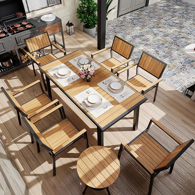8-Piece Patio Dining Set，Outdoor Aluminum Furniture Set with Plastic-Wood Table Top