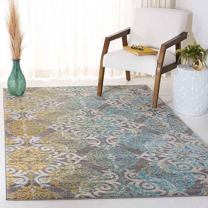 Evoke Collection 8' x 10' Royal / Light Blue EVK230A Medallion Damask Non-Shedding Living Room