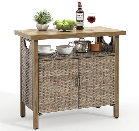 Outdoor Storage Cabinet, Patio Bar Table with Two Doors and Shelves