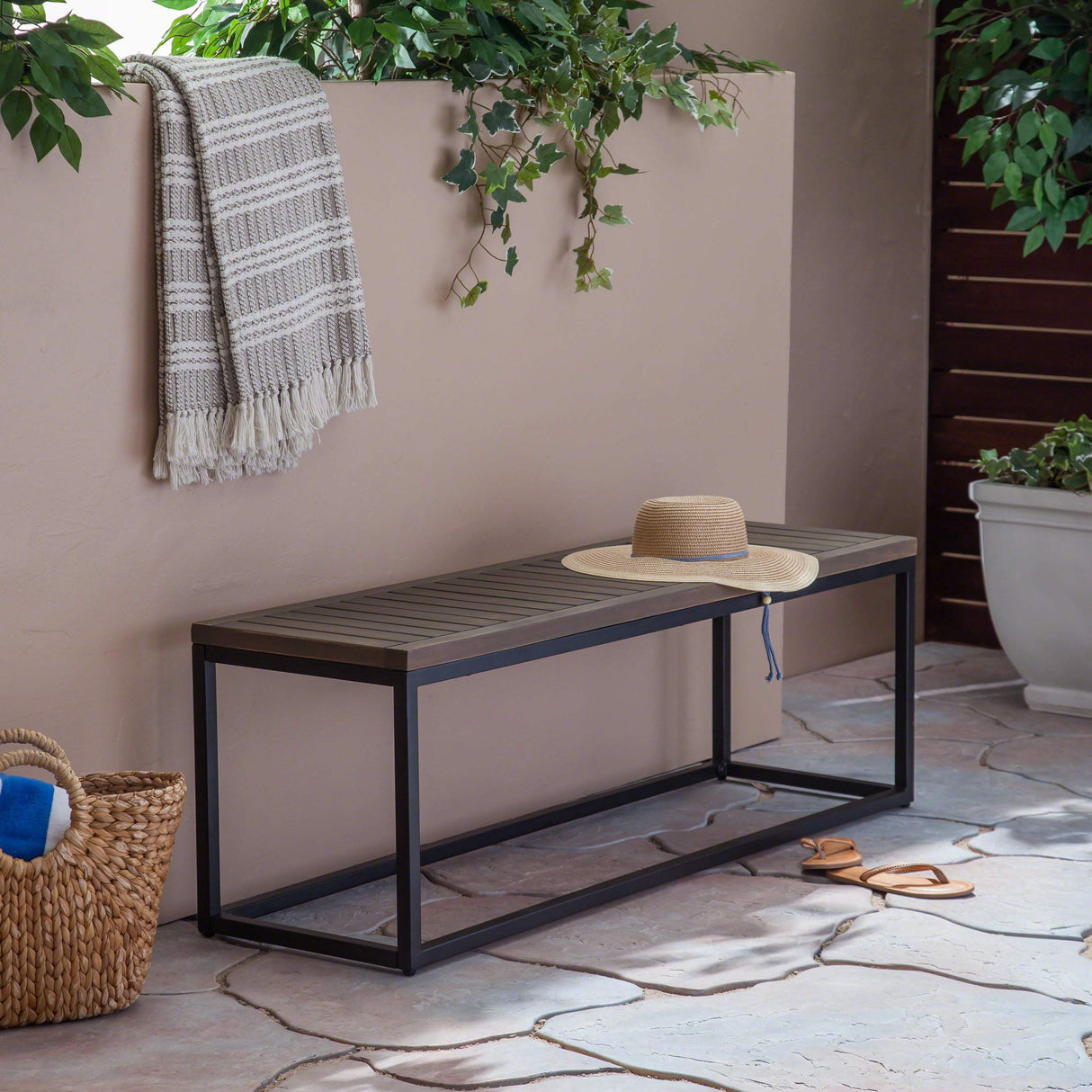 Christopher Knight Home Drew Outdoor Industrial Acacia Wood and Iron Bench, Gray, Grey Finish/Black Metal