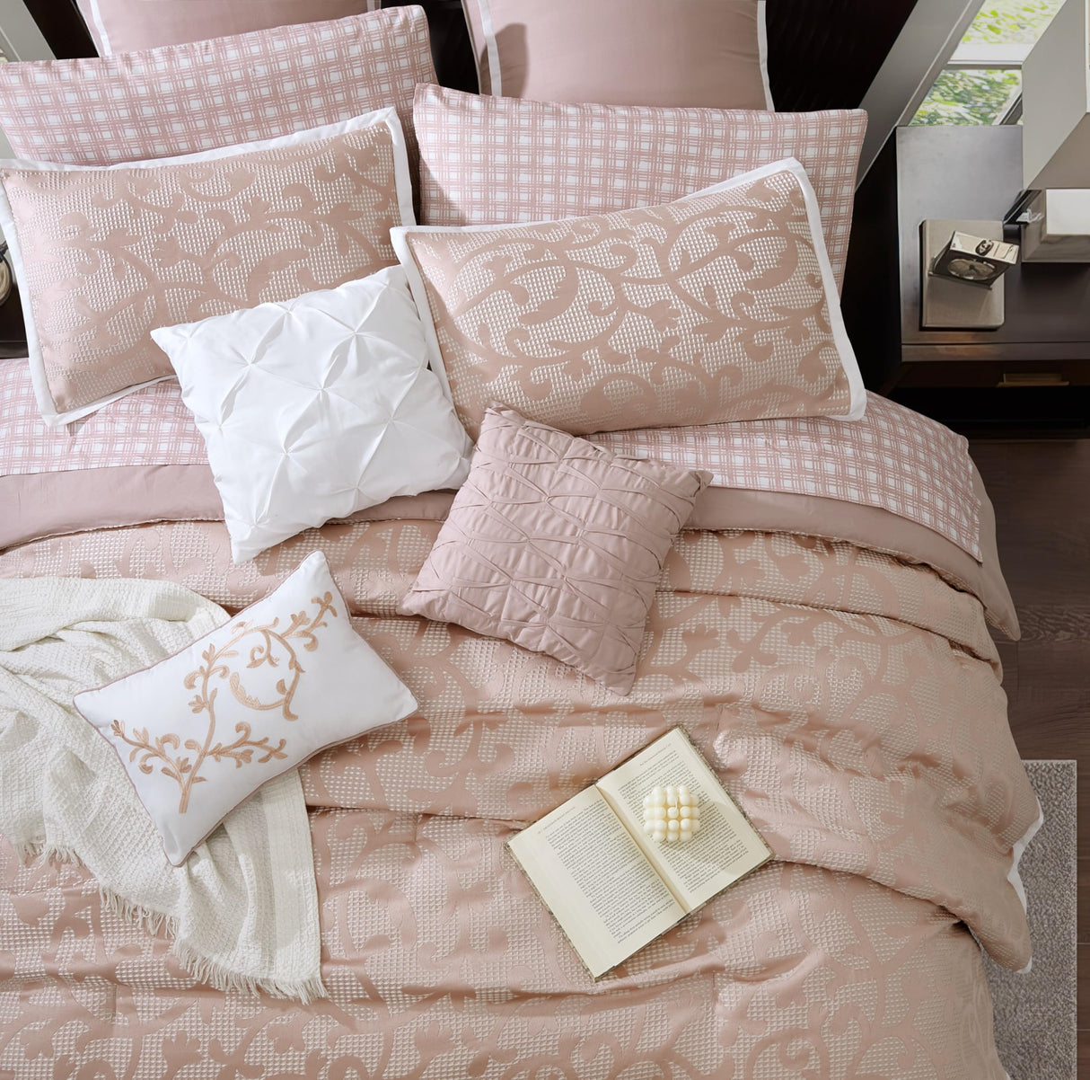 Blush Paisley Comforter Set King Size, 14 Piece, Jacquard Bedding Sets & Collections,1 Flat Sheet